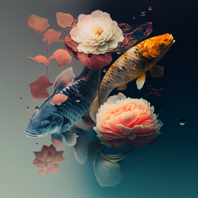 Koi Fish and Flowers Double Exposure