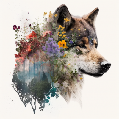 Wolf and Flowers Double Exposure