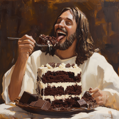 Happy Jesus Eating Chocolate Cake