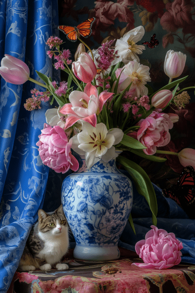 Flower Still Life with Cat