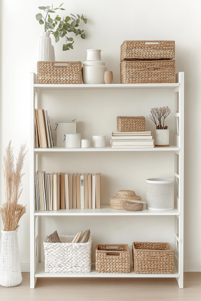 Organized White Shelving Unit