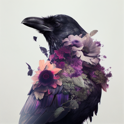 Double Exposure of Raven and Flowers