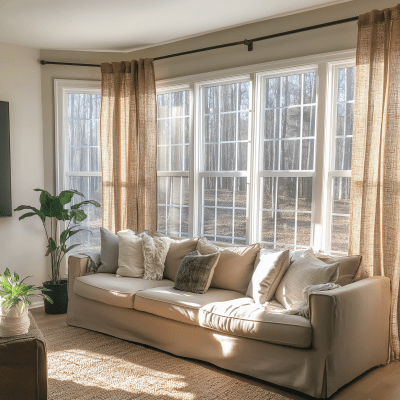 Cottage Style Family Room with Burlap Curtains