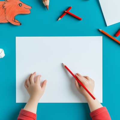 Child Drawing with Red Pencil