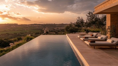 Modern Farmhouse Pool Area at Dusk