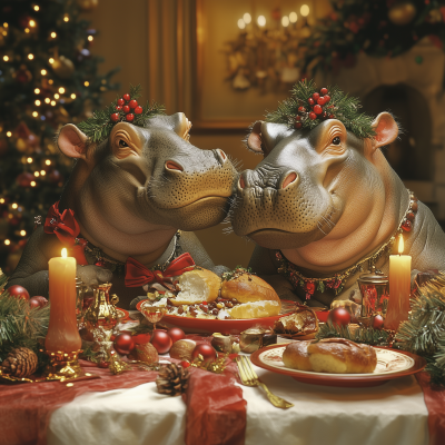 Hippos Enjoying Christmas Feast