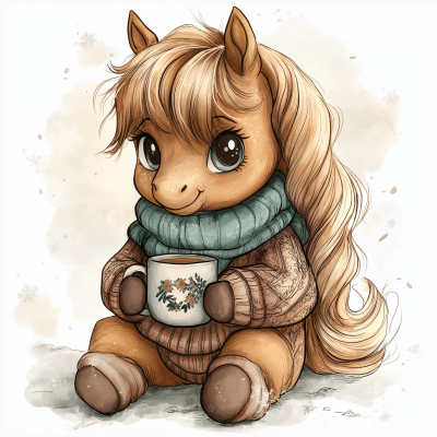 Pony in Sweater with Tea