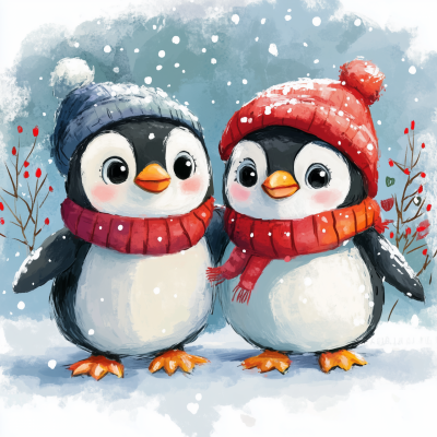 Cute Penguins Celebrating New Year