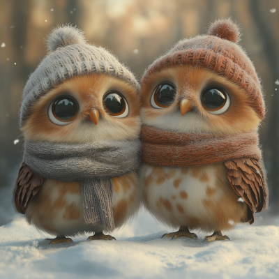 Cute Owls in Winter Attire
