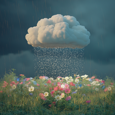 Sad Cloud Over Blooming Flowers