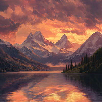 Serene Sunset Over Mountains and Lake