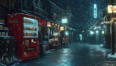 Rainy Japanese Street in Snow
