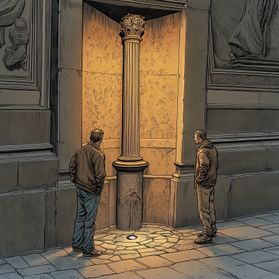Men observing a stone pavement