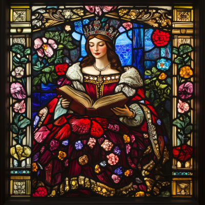 Queen Reading in Stained Glass