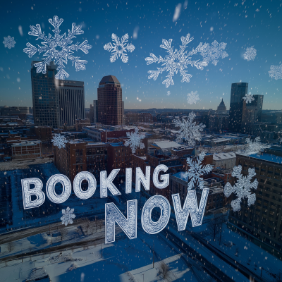 Snowflakes with Booking Now Text