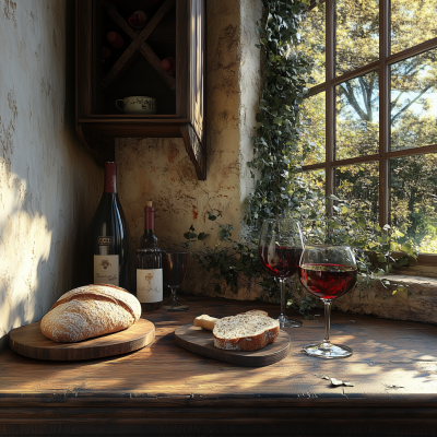 Red Wine and Bread Still Life