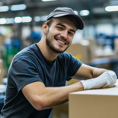 Smiling Employee at Packing Station