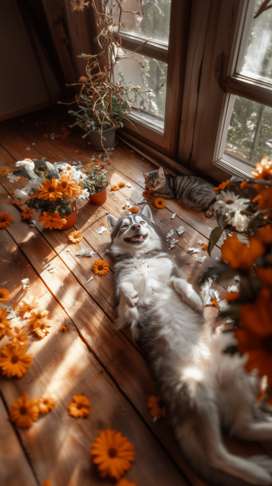 Happy Husky and Smiling Cat