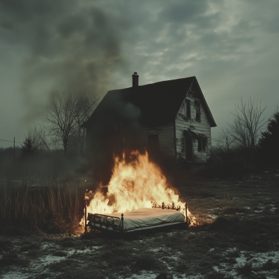 Burning Bed Outside Old House