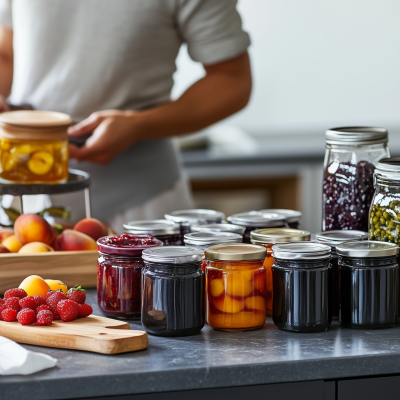 Modern Kitchen Countertop with Jams and Canned Fruits