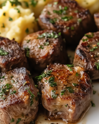 Garlic Butter Steak Bites and Cheesy Smashed Potatoes