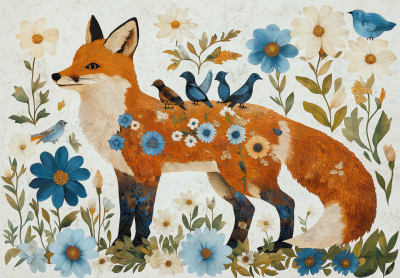 Fox with Birds Among Flowers