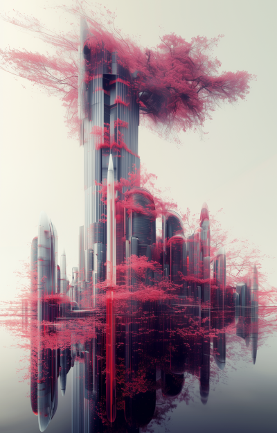 Futuristic City with Cherry Blossoms