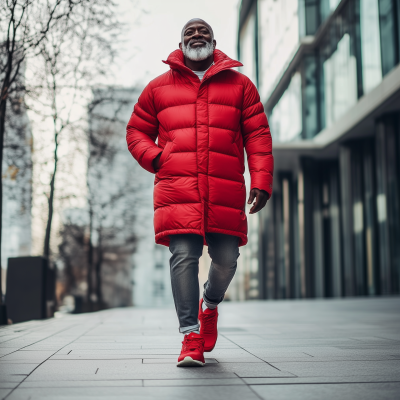 Red Puffer Jacket Walk