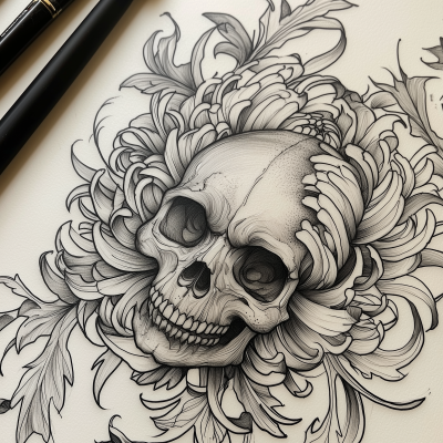 Skull and Chrysanthemum Tattoo Flash