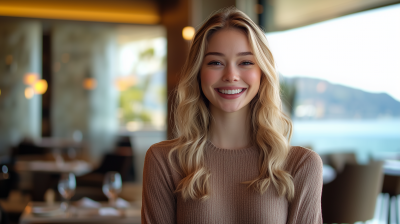 Smiling in a Modern Restaurant