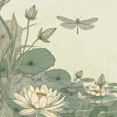 Dragonfly in Water Lily Pond