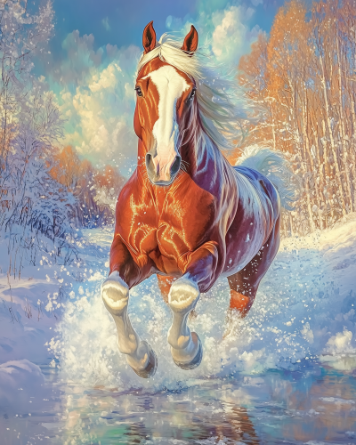 Running Horse in Snowy Forest