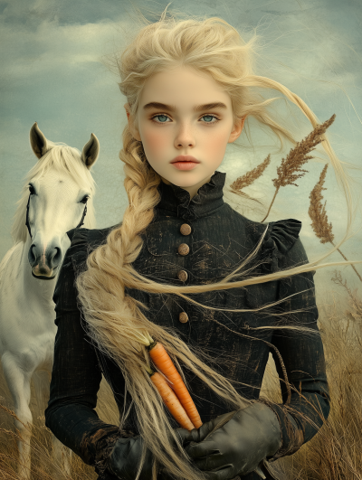 Surreal Scene with a Girl and Horses