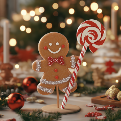 Smiling Gingerbread Man with Candy Stick