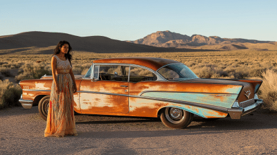 Lonesome Indian Woman by a Classic Car