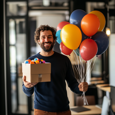 Pleased Man with Coffee and Balloons