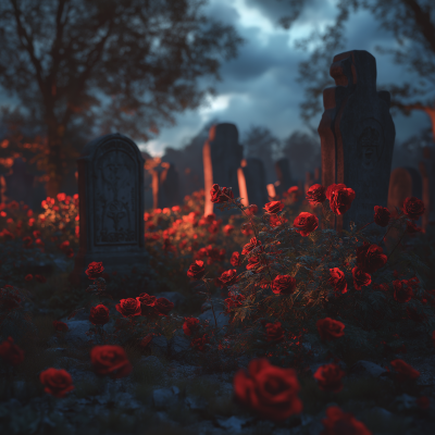 Nighttime Graveyard with Red Roses
