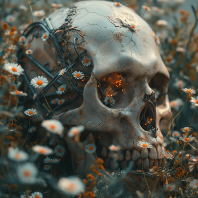 Futuristic Metal Skull and Flowers