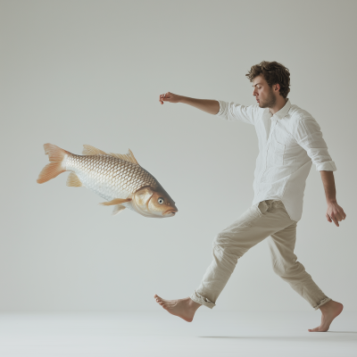 Man Kicking Fish in Studio