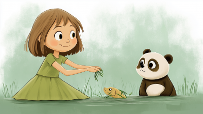 Girl and Panda by the Pond