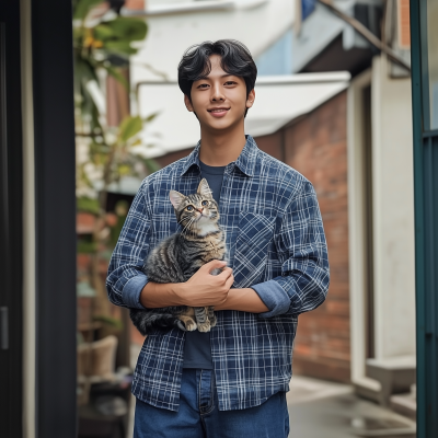 Young Man Holding a Cat