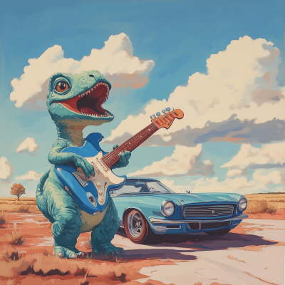 Friendly Dino with Guitar and Race Car