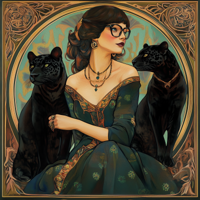 Art Nouveau Woman with Black Jaguars