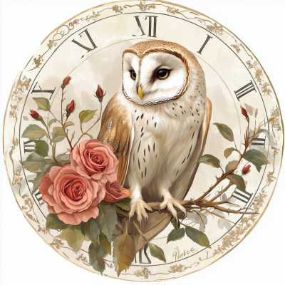 Vintage Barn Owl and Roses Clock Illustration