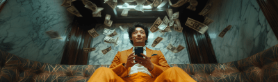 Young Businessman with Money Rain