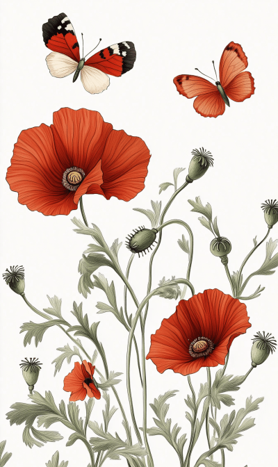 Row of Small Poppies and Butterflies