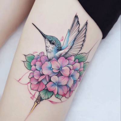 Hydrangea and Hummingbird Tattoo