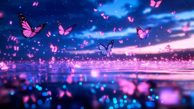 Bioluminescent Butterflies Over Galaxy Water