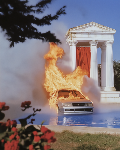 Burning Car in French Landscape