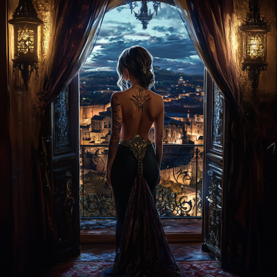 Young Female Sorcerer in a Medieval City